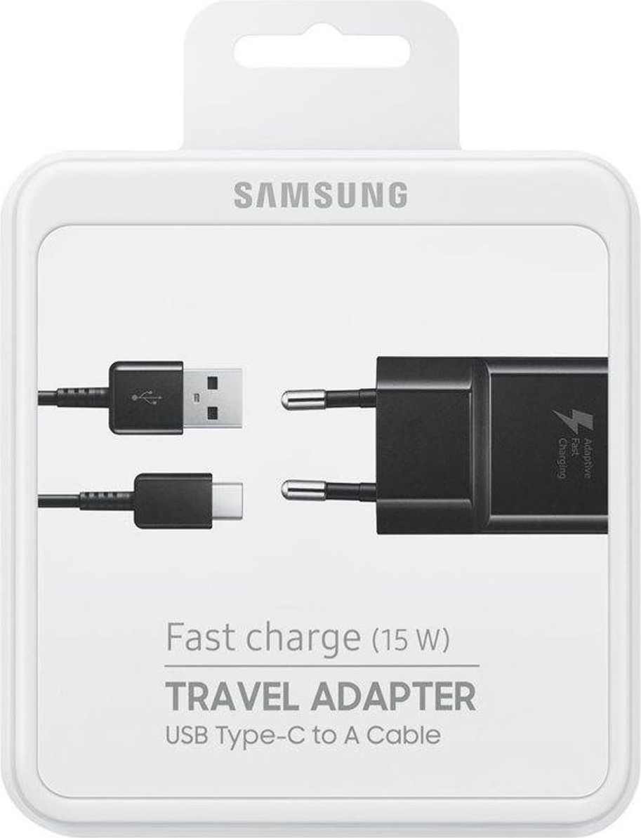 ᐅ • Samsung Galaxy A20e Fast Charger 15W USB-C Zwart - Retailverpakking - 1.5 Meter | bij GSMOplader.nl
