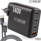 GO SOLID! USB-C 140W Snellader GaN2 - 4 Poorten USB-C/USB-A - Zwart